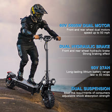 Load image into Gallery viewer, Electric Scooter with Seat   (5600W Dual Motor / 60V 27AH Battery  / Top Speed 80KM/H (49.7mi / hr) /11inch Off-road Tires /  Folding  /  for Adults too)